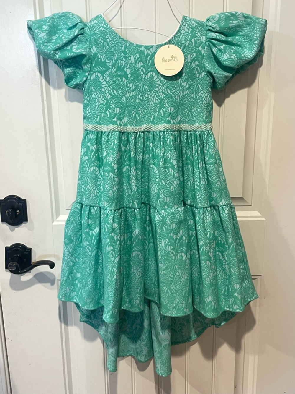 bloom Teal Puff-Sleeve Tiered Dress with Lace Trim